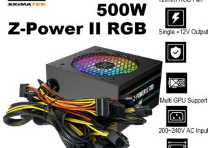 EN44557 Z-Power II RGB 700 PSU Non-Modular 500W XIGMATEK Z-Power II RGB 700 PSU Non-Modular 500W - 120mm RGB Fan - AC 230V Input, Double Forward- Support Latest Intel & AMD Motherboard - OPP/UVP/OVP/SCP Protection | BLACK EN44557