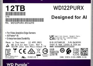 WD122PURX-85C62Y0 12TB WD Purple AI Surveillance Internal HDD Western Digital 12TB WD Purple AI Surveillance Internal Hard Drive HDD - 7200 RPM, SATA 6 Gb/s, 256 MB Cache, 3.5" - WD122PURX