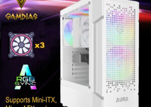 AURA-GC7-W GC7 ARGB COMPACT MESH MID-TOWER WHITE CASE GAMDIAS ATX AURA GC7 ARGB COMPACT MESH MID-TOWER WHITE CASE - w/Tempered Glass, 3 Built-in 120mm Fixed Gaming RGB Fans, Support Up to 6X 120mm Fans, 120mm AIO/Radiator, 300mm GPU/VGA, 160mm CPU Cooler | WHITE AURA-GC7-W