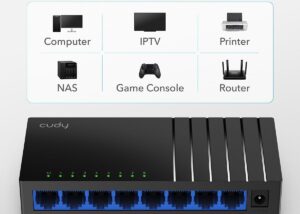 GS108D-EU CUDY GS108D Gigabit RJ45 8-Port Desktop Switch CUDY GS108D Gigabit RJ45 8-Port Desktop Switch ; 10/100/1000 Mbps Non-blocking Ethernet Ports ; 170 meters of Gigabit Transmission ; A Plug and Play Network Hub ; Wall Mounting | BLACK