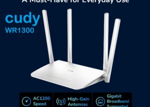 WR1300-EU CUDY WR1300 AC1200 Gigabit Mesh Wi-Fi Router CUDY WR1300 3.0 AC1200 Gigabit Mesh Wi-Fi Router ;  4-Stream Dual-Band Wi-Fi ;  867 Mbps + 300 Mbps Wi-Fi ;  5× Gigabit Ethernet Ports ;  4× High-Gain Antennas ;  50 Connected Devices ;  Covers 100m² ; Cudy Mesh, VPN Server and Client ; Cudy App, Cloud Control