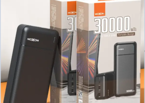 POWERBANK MOXOM 30000 MAH 2.4A FAST CHARGING , Micro USB input , Type-C Input , 2 x USB Output , BLACK  .