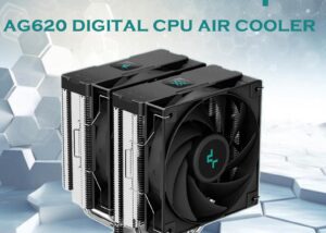 R-AG620-BKNDMN-G-1 AG620 Digital CPU AIR COOLER with Temp Display DeepCool AG620 Digital CPU AIR COOLER with Temp Display : Hydro Bearing 120mm PWM Fan 1950 RPM 67.88 CFM ; 6 Advanced Copper HeatPipes AND Copper Cold Plate ; Quite 29.4 dB ; Supports AMD & INTEL 