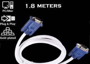 VGA to VGA cable – 1.8m – high-purity copper conductors (Full HD, VGA to VGA monitor cable & VGA lead, connects computers to screens/projectors, 15-pin D-Sub) - Blue & White