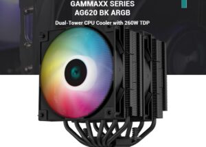 R-AG620-BKANMN-G-2  AG620 BK ARGB Dual-Tower CPU Air Cooler DeepCool AG620 BK ARGB Dual-Tower CPU Air Cooler with 260W TDP Massive Heat Dissipation : 6 Bidirectional HeatPipes ; Aluminum Matrix Fin Array ; 120mm PWM Fan 1850 RPM 67.88 CFM ; Supports Intel and AMD | BLACK