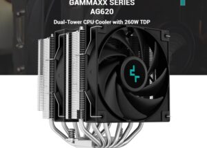 R-AG620-BKNNMN-G-1 GAMMAXX SERIES AG620 Dual-Tower CPU Cooler DeepCool GAMMAXX SERIES AG620 Dual-Tower CPU Cooler with 260W TDP : 6 Bidirectional HeatPipes ; 120mm PWM Stealth Fan up tp 1850 RPM 67.88 CFM , Aluminum Matrix Fin Array  ; Supports Intel & AMD | BLACK 