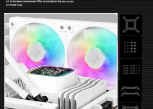 R-LD240-WHDMMN-G-1 DeepCool LD240 WH ARGB AIO WHITE LIQUID COOLER DeepCool LD240 WH ARGB AIO WHITE LIQUID COOLER : Large Display with ARGB Halos for CPU Status ,  2x ARGB PWM Fans , 5th Generation High-Performance Pump up to 3400 RPM , Pre-applied Thermal Paste | WHITE