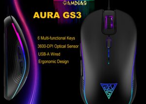 AURA-GS3-B GAMDIAS AURA GS3 RGB Wired Gaming Mouse GAMDIAS AURA GS3 RGB Wired Gaming Mouse ; 7-color Breathing RGB ; 6 Programmable Keys ; 3600 DPI Optical Sensor ; Ergonomic Design ; USB-A Wired | BLACK 