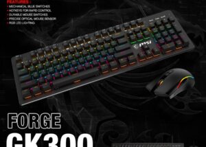 S11-04US20H-HH9 BLUE SWITCHES Gaming RGB Keyboard and Mouse MSI FORGE GK300 COMBO BLUE SWITCHES Gaming RGB Keyboard & Mouse , 26-key Anti-Ghosting, Ergonomic Keycaps, 9-Mode RGB, up to 7,200 DPI and 4 DPI Presets, USB 2.0 Wired Interface | Black 