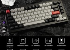 Q1H-M1 Keyboard Double-rail Magnetic Nebula Switches Keychron Q1 HE QMK Wireless Custom 75% Layout Metal RGB Keyboard with Hall Effect Gateron Double-rail Magnetic Nebula Switches ; 1000 Hz 2.4 GHz Mode or Bluetooth 5.1 for up to 3 Device Connectivity , 0.2 mm to 3.8 mm Adjustable Actuation Points ; Dynamic Rapid Trigger ; Four Actions Per Key ; OSA Profile PBT Keycaps ; Windows and macOS | CARBON BLACK Q1H-M1