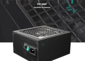 R-PXD00P-FC0B-EU 1300W 80Plus Platinum ATX12V V3 Power Supply DeepCool PX1300P 80Plus Platinum Cybenetics Platinum ATX12V V3.0 Power Supply 1300W Capacity ; 12VHPWR + 2 x EPS + 5 x PCI-e Ports ; Handles 3x total GPU Power & 2x Total System Power for 0.1 ms ; 120mm FDB Fan | Black 