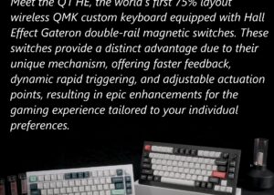 Q1H-M1 Keyboard Double-rail Magnetic Nebula Switches Keychron Q1 HE QMK Wireless Custom 75% Layout Metal RGB Keyboard with Hall Effect Gateron Double-rail Magnetic Nebula Switches ; 1000 Hz 2.4 GHz Mode or Bluetooth 5.1 for up to 3 Device Connectivity , 0.2 mm to 3.8 mm Adjustable Actuation Points ; Dynamic Rapid Trigger ; Four Actions Per Key ; OSA Profile PBT Keycaps ; Windows and macOS | CARBON BLACK Q1H-M1