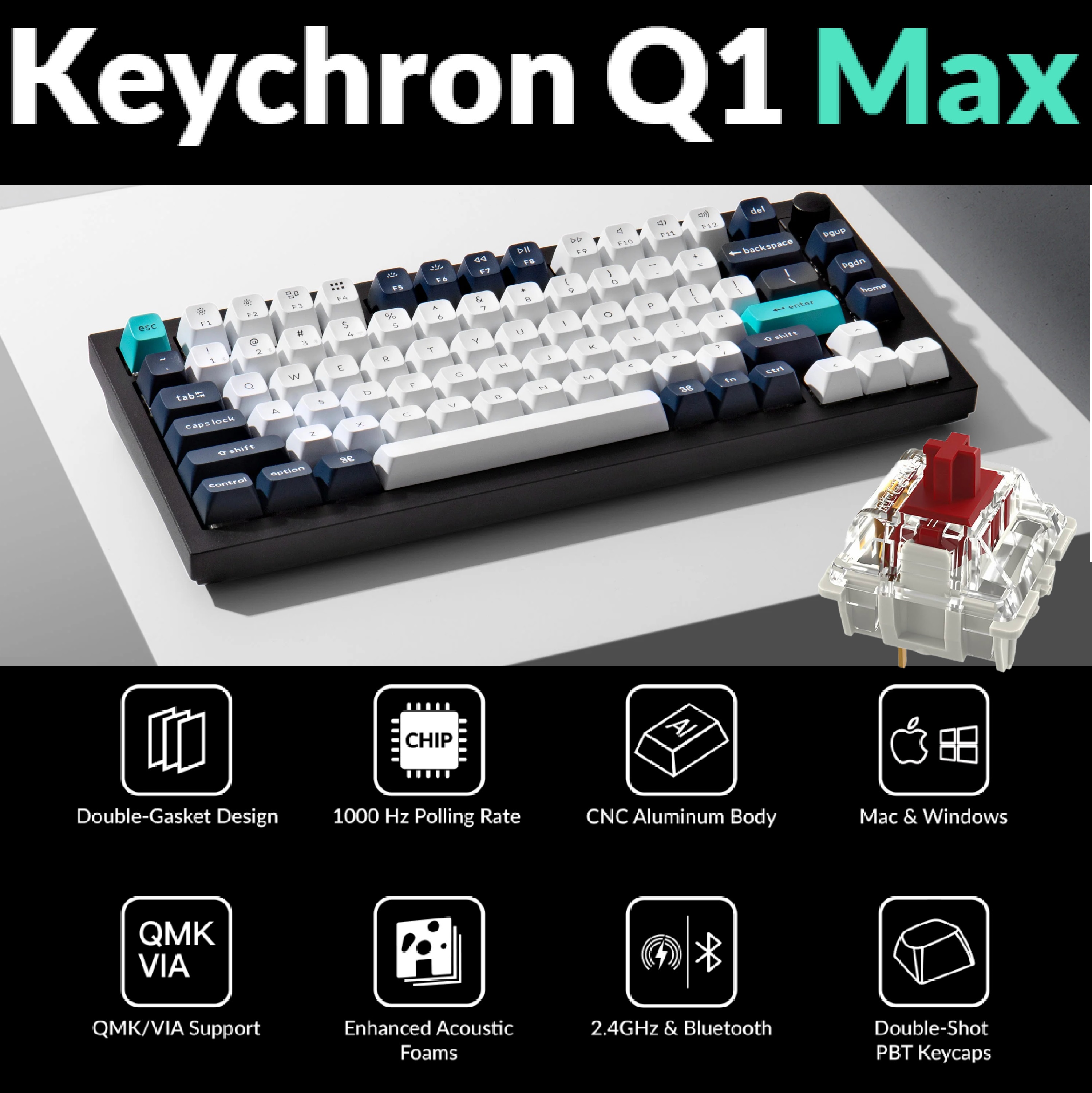 Keychron Q1 Max Hotswap Wireless RGB Mechanical Keyboard with Knob 75% Layout (84 Keys) , Aluminum Frame , 2.4 GHz Wireless Connection or Bluetooth 5.1 or Type-C wired Connectivity , Gateron Jupiter Red Switches , KSA Double-shot PBT Keycaps , Windows Mac OS | Q1M-M1