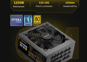 GM1250W-ATX-3.1 1250W 80 Plus Gold Full Modular PSU Segotep GM1250W Gaming Power Supply ATX3.1 PCIe 5.1 Interface 1250W 80 Plus Gold Full Modular PSU ; Dual 12V Rails (12V-2X6) for high-performance GPUs  ; 135mm Double Ball Bearing Fan with Smart Temperature Control ;  Full Safety Protections ; 93.13% Efficiency | BLACK 