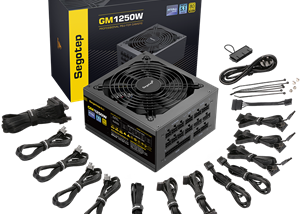 GM1250W-ATX-3.1 1250W 80 Plus Gold Full Modular PSU Segotep GM1250W Gaming Power Supply ATX3.1 PCIe 5.1 Interface 1250W 80 Plus Gold Full Modular PSU ; Dual 12V Rails (12V-2X6) for high-performance GPUs  ; 135mm Double Ball Bearing Fan with Smart Temperature Control ;  Full Safety Protections ; 93.13% Efficiency | BLACK 