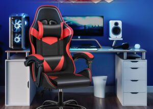 GEATIX-BLACK-RED Ergonomic Gaming Recliner Leather Chair Ergonomic Gaming Recliner Leather Chair, Computer Chair with Lumbar Pillow & Headrest , Racing Style with Recline Angle Swivel Height Adjustment Esports Chair | BLACK & RED 