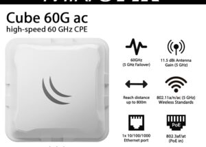 CUBEG-5AC60AD MikroTic Cube 60G ac High-Speed 60 GHz CPE Cube 60G ac: High-Speed 60 GHz CPE with 800m Range, Automatic 5 GHz Failover, Gigabit Ethernet, PoE-In, Quad-Core CPU, Durable Design, and Easy Setup via iOS/Android App. Ideal for Large Networks in Challenging Environments.