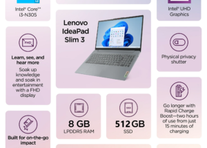 82XB009DAD IdeaPad Slim Core i3-N305 8GB RAM 512GB SSD Lenovo IdeaPad Slim 3 15IAN8 Intel® Core™ i3-N305 | 8GB DDR5 RAM ; 512GB SSD NVMe® | Intel® UHD Graphics | 15.6" FHD TN Display | English Arabic Keyboard | DOS | + Lenovo® Bag | Arctic Grey 