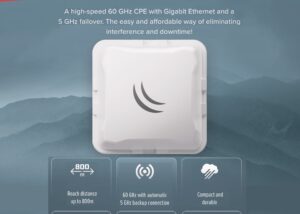 CUBEG-5AC60AD MikroTic Cube 60G ac High-Speed 60 GHz CPE Cube 60G ac: High-Speed 60 GHz CPE with 800m Range, Automatic 5 GHz Failover, Gigabit Ethernet, PoE-In, Quad-Core CPU, Durable Design, and Easy Setup via iOS/Android App. Ideal for Large Networks in Challenging Environments.