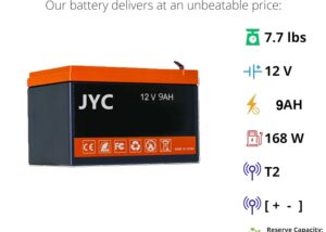 JYC-12V-9A 12V 9AH SLA Rechargeable Replacement Battery JYC Battery 12V 9AH SLA Rechargeable Replacement Battery for UPS Back Up, Electric Scooter, Wheelchair, Alarm, and More , Valve Regulated Lead-Acid Battery with T2 Terminal