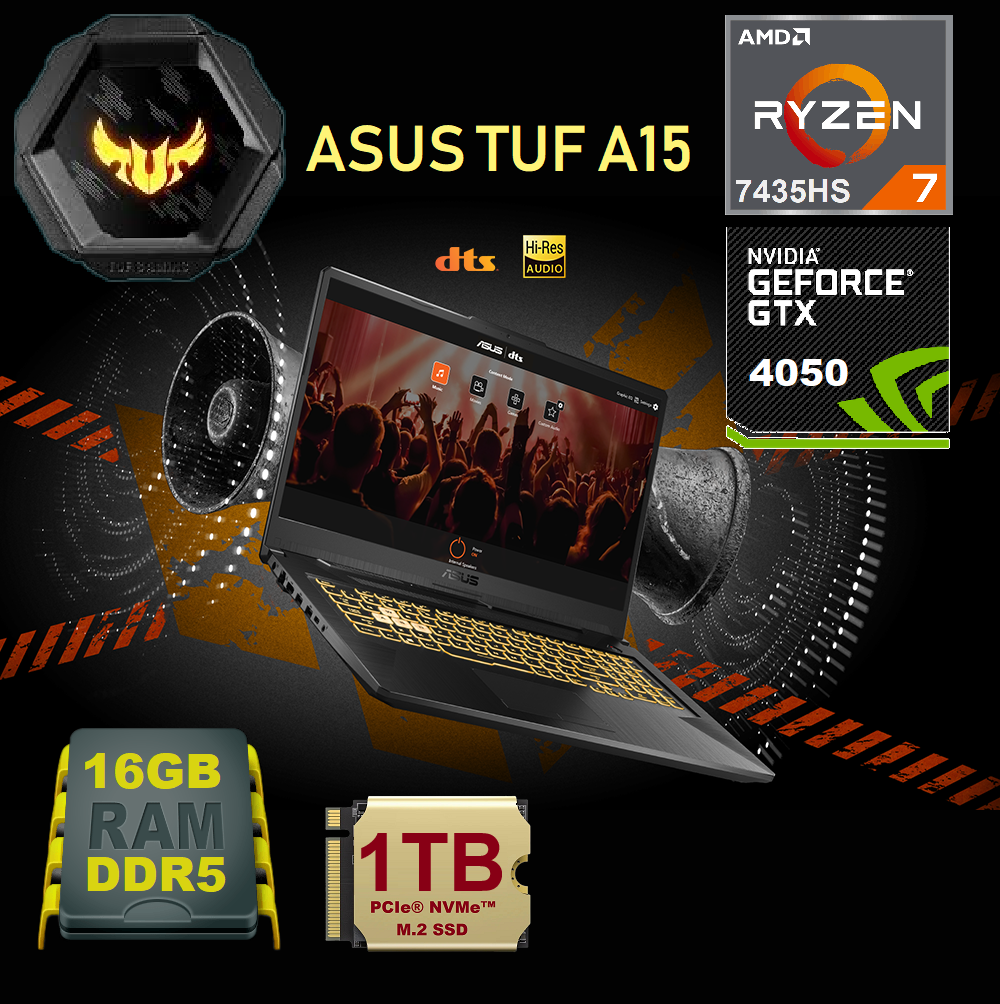 90NR0JP5-M006B0 ASUS TUF AMD 7 7435HS RTX 4050 16GB DDR5 1TB ASUS TUF Gaming A15 AMD Ryzen™ 7 7435HS | 16GB DDR5 RAM ; 1TB NVMe | RTX™ 4050 , 6GB | 15.6-inch FHD 144Hz I0PS Display | Island-style Keyboard 1-Zone RGB | DOS | MECHA GREY FA507NUR-LP106