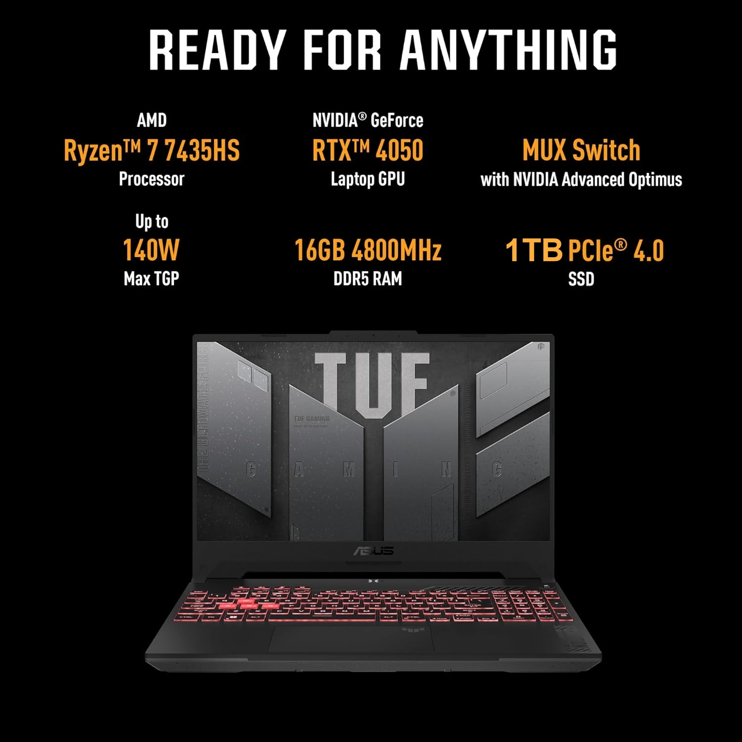 90NR0JP5-M006B0 ASUS TUF AMD 7 7435HS RTX 4050 16GB DDR5 1TB ASUS TUF Gaming A15 AMD Ryzen™ 7 7435HS | 16GB DDR5 RAM ; 1TB NVMe | RTX™ 4050 , 6GB | 15.6-inch FHD 144Hz I0PS Display | Island-style Keyboard 1-Zone RGB | DOS | MECHA GREY FA507NUR-LP106