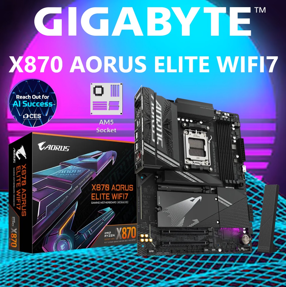 GIG-X870-AORUS-ELITE X870 AORUS ELITE WIFI7 AM5 Motherboard GIGABYTE X870 AORUS ELITE WIFI7 AM5 LGA 1718, ATX, DDR5, 4x M.2, PCIe 5.0, USB4, Wi-Fi 7, 2.5GbE LAN, EZ-Latch ; Supports AMD Ryzen™ 9000 / 8000 / 7000 Series Processors