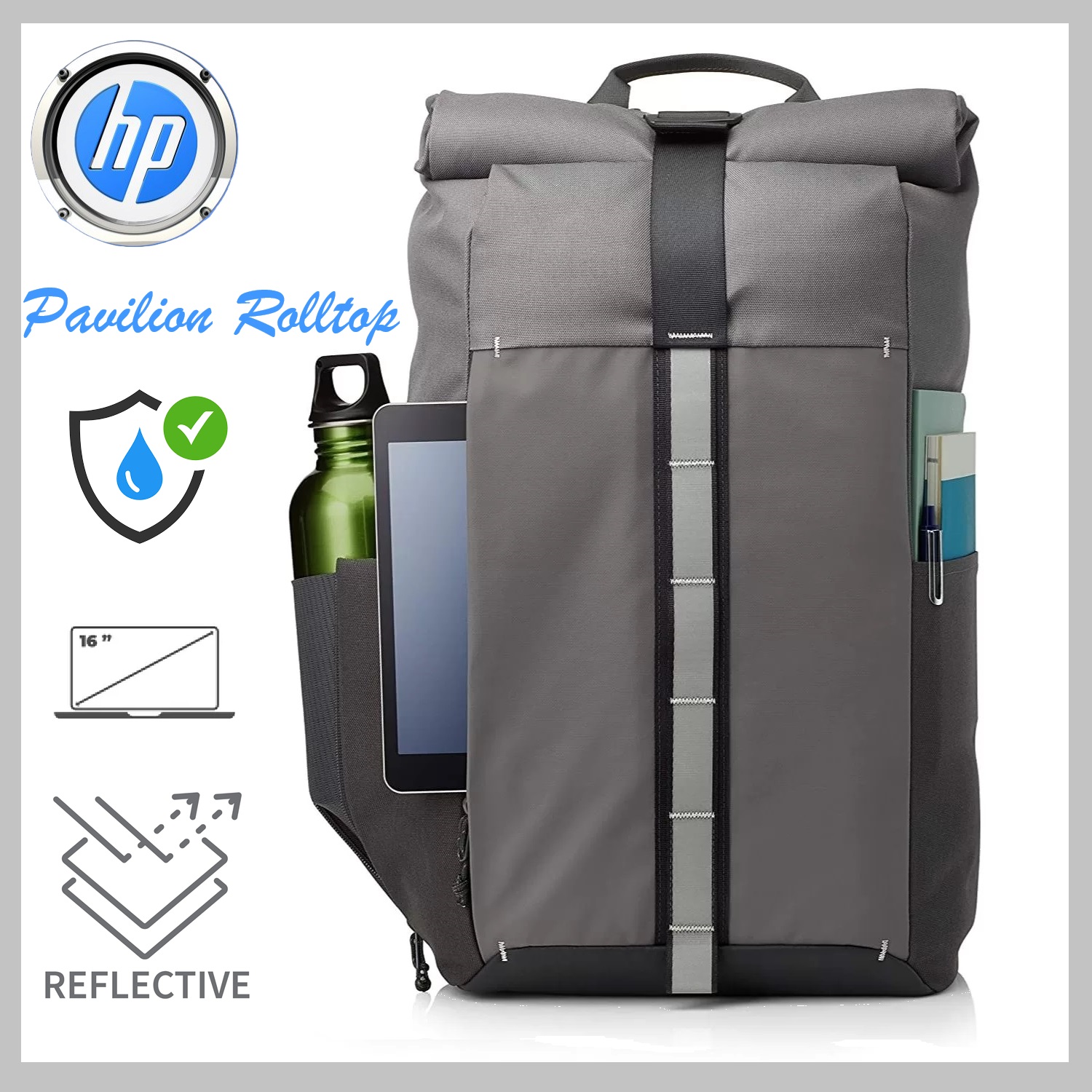 5EE90AA#ABL HP Pavilion Rolltop Grey Backpack 5EE90AA HP Pavilion Rolltop Grey Backpack ; Water-Resistant ; Padded for Electronics Protection ;  Supports up to 15.6” Laptops  ; Reflective Accents | (5EE90AA)