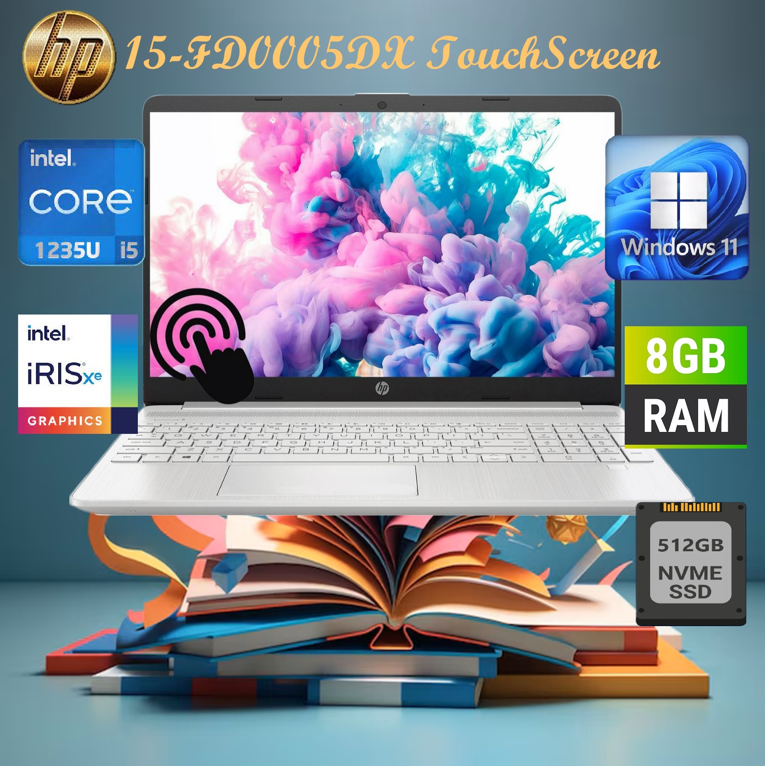 A9PE6UA#ABA HP TouchScreen Laptop i5-1235U Iris Xe HP 15-FD0005 Core™ i5-1235U | 8GB DDR4 RAM ; 512 SSD NVMe | 15.6 inches HD TouchScreen Micro-Edge Display | Intel Iris Xe Graphics | Windows 11 Home in S Mode | Natural Silver 