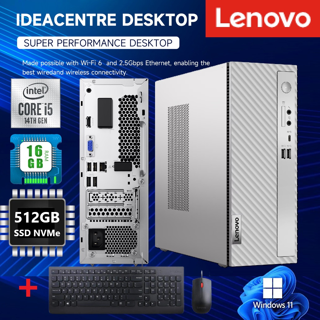 90VT006NCF Desktop PC Core i5-14400 16GB RAM Windows 11 LENOVO IdeaCentre 3 07IRB8 Desktop PC Intel® Core™ i5-14400 | 16GB DDR4 RAM , 512GB SSD NVMe® | Intel® UHD Graphics 730 | Wi-Fi® 6, 802.11ax 2x2 + BT5.1 | Windows® 11 | 7-in-1 Card Reader | USB Calliope Keyboard & Mouse | Cloud Grey