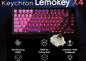 X4-A3P X4 75 Layout Mechanical Keyboard w BROWN Switch Keychron Lemokey X4 75% Layout Mechanical Keyboard with BROWN Switches ; 1000Hz Polling Rate ; Pre-Lubed Shine-through Cherry Profile Side-Printed Double-Shot PBT Keycaps ; QMK Customizable ; N-key Rollover Anti-Ghosting ; Red Backlit ; for Windows/Linux/macOS | PURPLE X4-A3P 