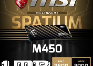 S78-440L980-P83 MSI SPATIUM M450 1TB  PCIe Gen4 SSD NVMe MSI SPATIUM M450 1TB PCIe Gen4 SSD NVMe 1.4– Blazing Speeds Up to 3600/3000 MB/s, 3D NAND Flash, Compact Design, Built-in Data Security, M.2 2280 Internal Gaming NVMe ,Up to 600 TBW