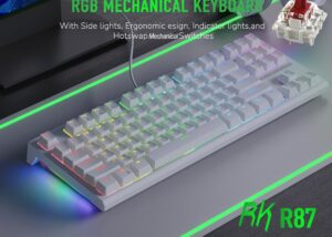 RK-R87-WHITE-RED RK ROYAL KLUDGE R87 Mechanical Wired RK ROYAL KLUDGE R87 Mechanical Wired Keyboard, 75% Layout Hot Swappable Wired Gaming Keyboard Software Macro Compact RGB Backlit PC Game Keyboards 87 Keys for Win Mac, RED Switch | WHITE