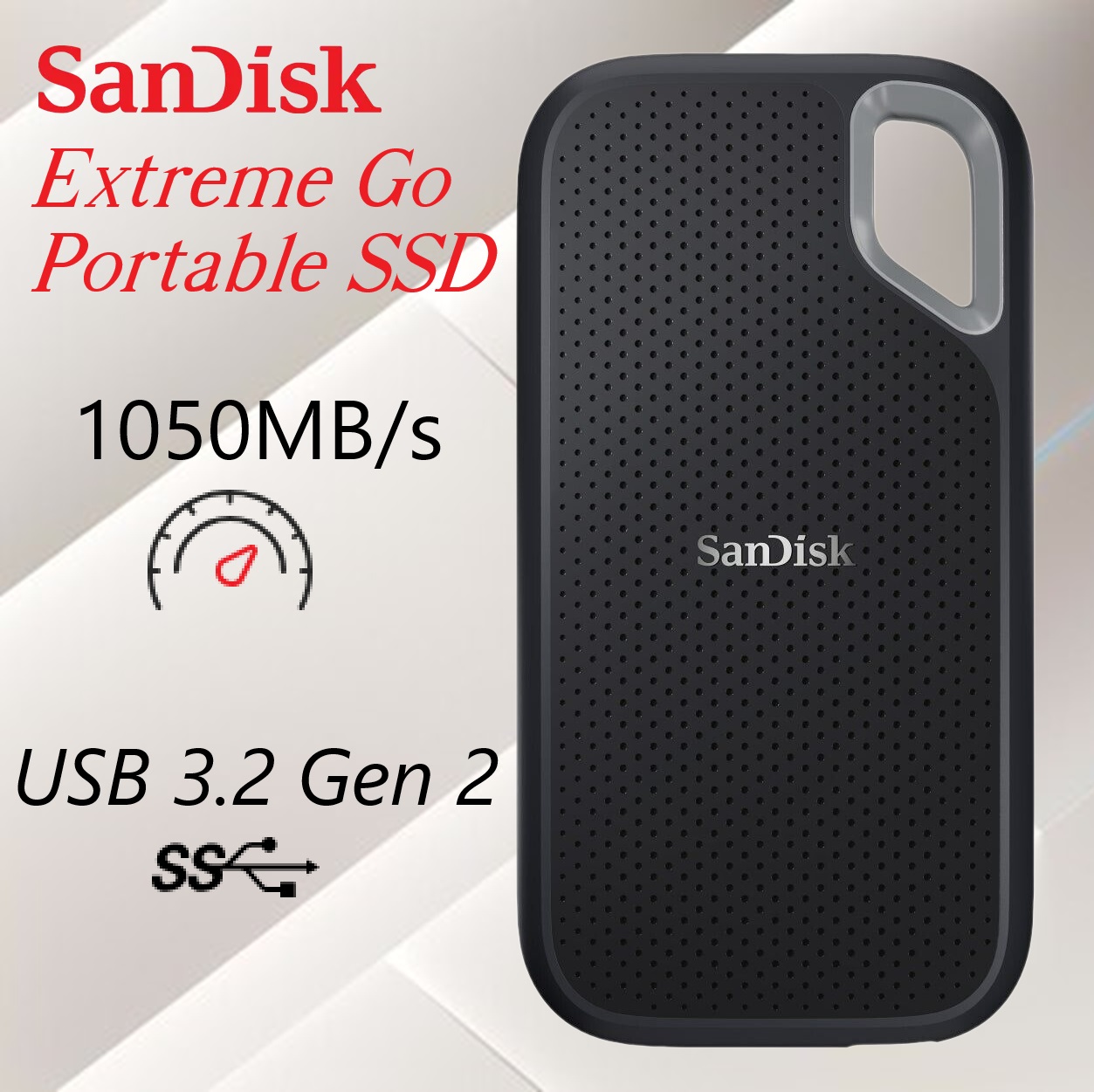 SDSSDE52-2T00-AC 2TB NVMe Extreme Go Portable External SSD SanDisk NVMe Extreme Go Portable External SSD, USB 3.2 Gen 2 USB-C, 2TB Storage Capacity, Up to 1050MB/s Read Speed, Up to 1000MB/s Write Speed, IP65 Water Resistance, Black | SDSSDE52-2T00-AC