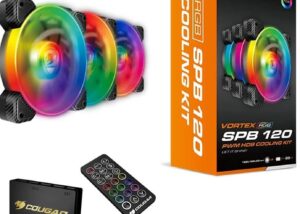 FAN-COUG-SPB120 Cougar Hydraulic Vortex RGB SPB 120 mm PMW HDB Cooling Kit with addressable RGB Lighting, Core Box v2, Remote Controller and Three Vortex RGB SPB 120 Cooling Fans (3 Pack)