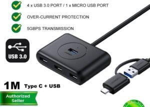 UGREEN-40850 Ugreen USB Hub With USB-C Port Ugreen USB 3.0 Hub With USB-C Port, 1m Cable Length, LED Indicator, Compatible with Windows 10/8/8.1/7/ Vista / XP and Mac OS X, Linux, Black | 40850