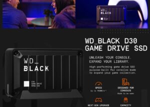 WDBATL0020BBK-WESN 2TB D30 Game Portable SSD Type-C 900MBs WD_BLACK  2TB D30 Game SSD - Portable External Solid State Drive , USB 3.2 Gen 2 (Type-C) , Compatible with Playstation, Xbox, & PC, Up to 900MB/s - WDBATL0020BBK-WESN