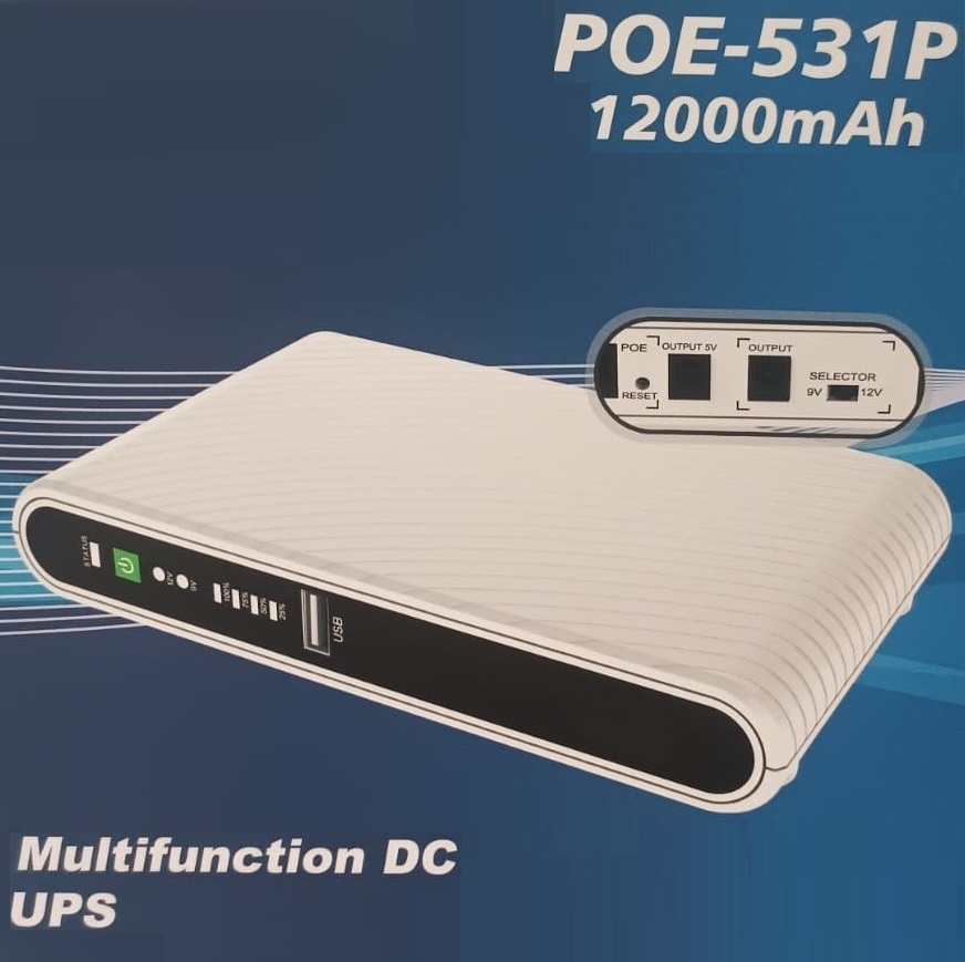 POE-531P HIPIX mini UPS 12000mAh POE-531P ; mini UPS 12000mAh ; DC Output 9V / 12V ; POE Port 15V / 24V; USB-A Output 5V | WHITE