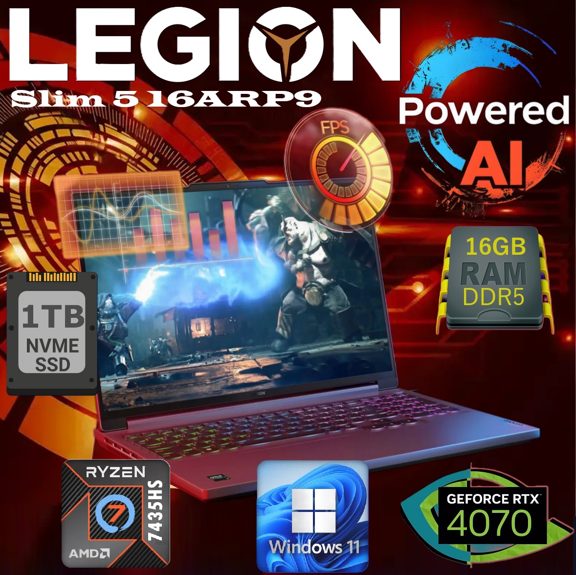 83EX0026US AI PC Legion Slim 5 Ryzen 7 7435HS RTX 4070 LENOVO AI PC Legion Slim 5 16ARP9 AMD Ryzen™ 7 7435HS | 16GB DDR5 RAM ; 1TB SSD NVMe® | RTX™ 4070 8GB  | 16" WQXGA IPS Display 165Hz | Windows® 11  | 4-Zone RGB Backlit Keyboard | Luna Grey