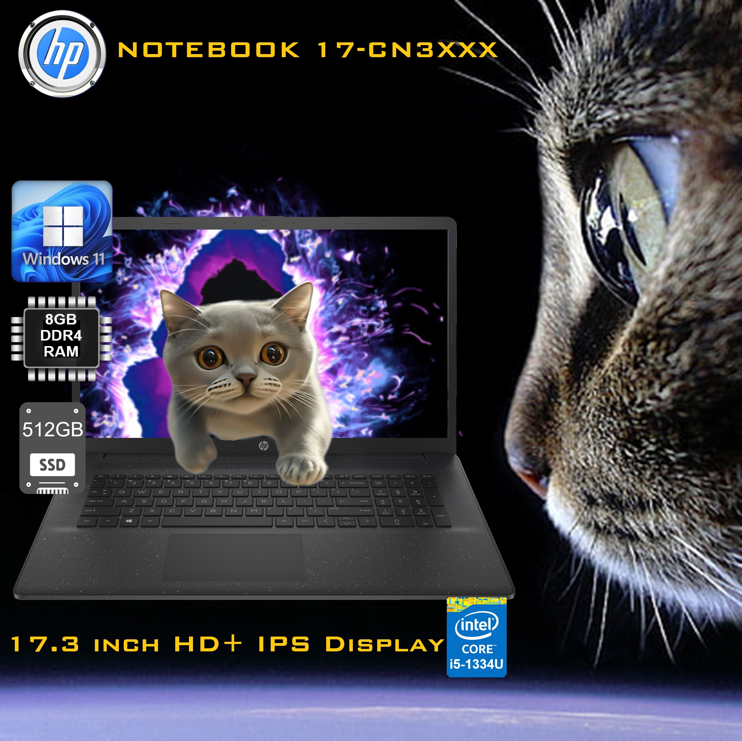 B1FW4U8R#ABA HP NOTEBOOK i5-1334U 17 inch Display 8GB RAM HP NOTEBOOK 17-CN3XXX Intel Core i5-1334U | 8GB DDR4 RAM : 512GB SSD NVMe | 17.3 inch HD+ IPS Display | Windows 11 | Black ~ Factory Refurb