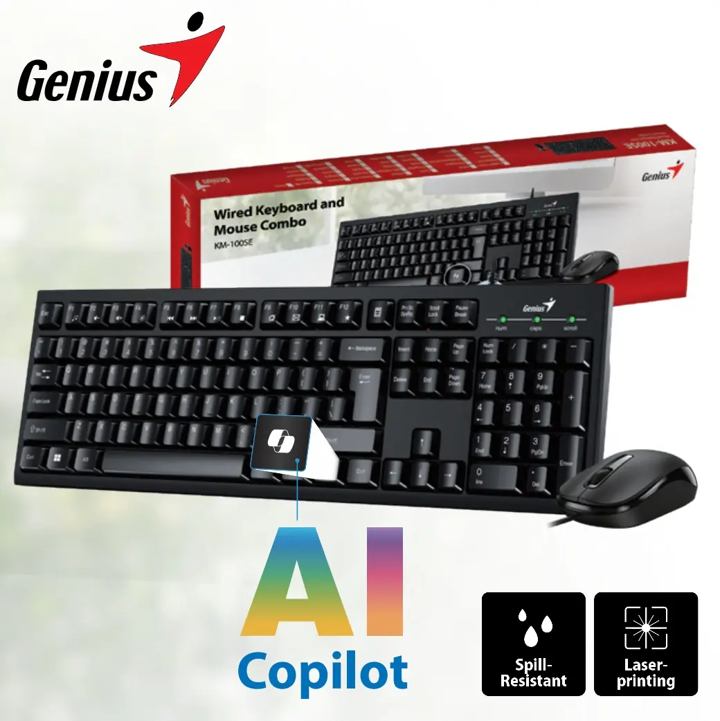 KM-100SE Wired AI Copilot Keyboard and Mouse COMBO GENUIS AI Copilot Key Multimedia Wired Keyboard & High-Resolution Optical USB Mouse Combo with 12 Function Keys, Spill-Resistant Design, 1200 DPI Sensor, Plug & Play for Windows & Mac | BLACK KM-100SE