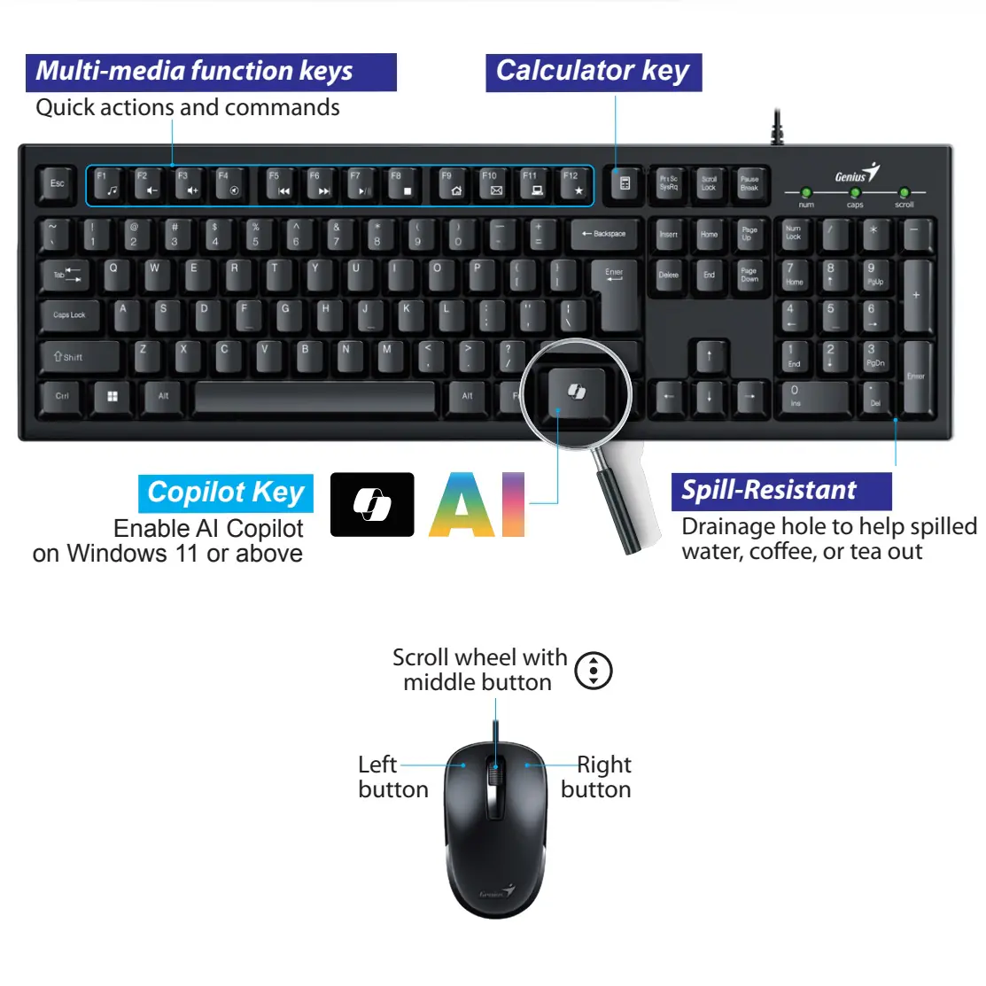 KM-100SE Wired AI Copilot Keyboard and Mouse COMBO GENUIS AI Copilot Key Multimedia Wired Keyboard & High-Resolution Optical USB Mouse Combo with 12 Function Keys, Spill-Resistant Design, 1200 DPI Sensor, Plug & Play for Windows & Mac | BLACK KM-100SE