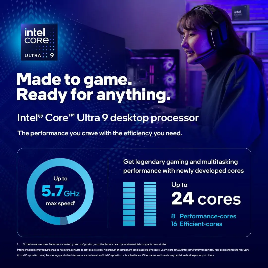 ULTRA-9-285K-TRAY CPU Intel Core Ultra 9 Desktop Processor 285K Intel Core Ultra 9 Desktop Processor 285K - 24 Cores (8 P-cores + 16 E-cores), Up to 5.7GHz, Arrow Lake Architecture, 125W TDP, 36MB L3 Cache, 40MB L2 Cache, Integrated Intel Graphics for High-Performance Computing and Gaming