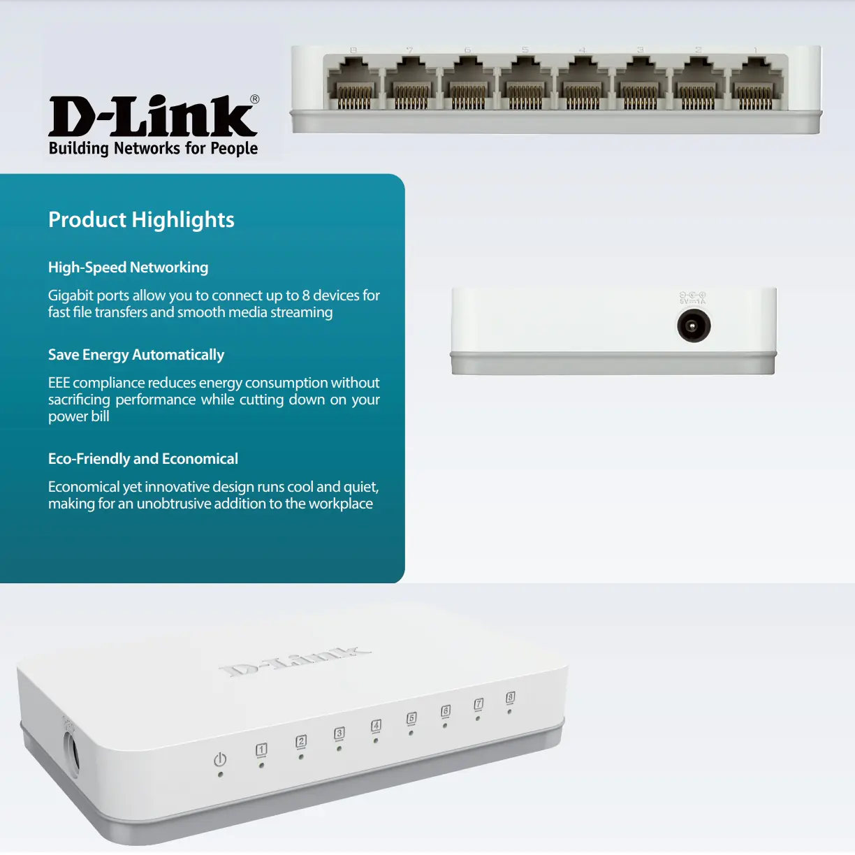 DLINK DGS-1008A 1000 D-Link 8-Port Gigabit Easy Desktop Switch D-Link DGS-1008A 8-Port Gigabit Easy Desktop Switch: Silent, Energy-Efficient Networking with High-Speed Connections, QoS, and Environmentally Friendly Features