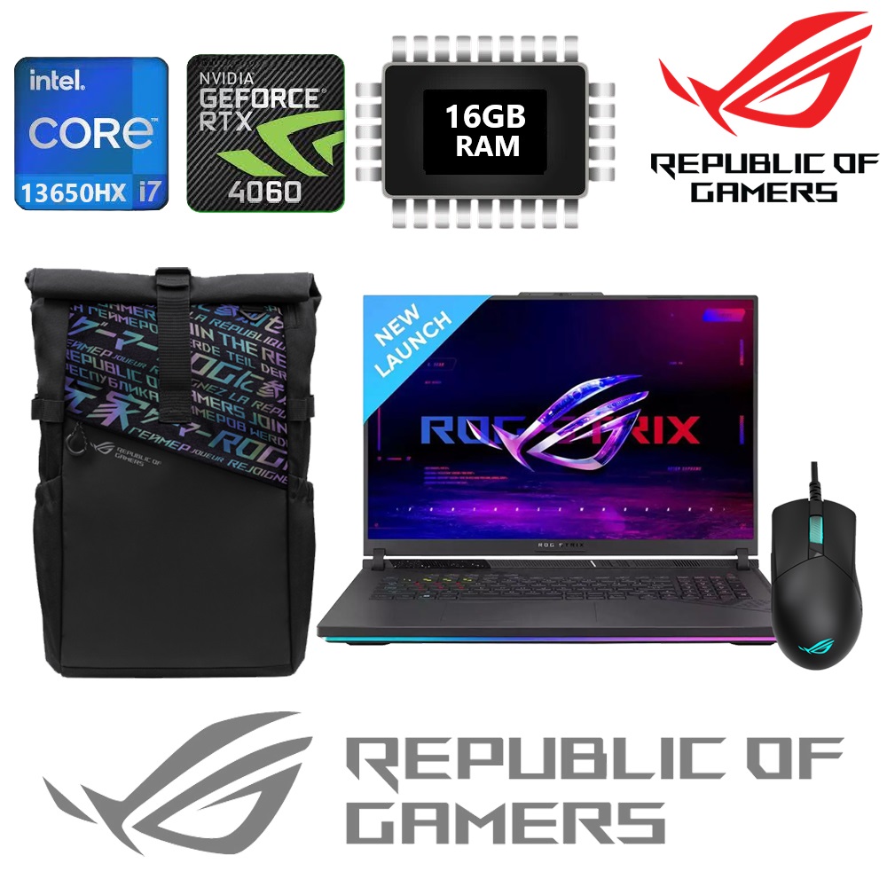 90NR0C61-M00VK0 ROG Strix G16 i7-13650HX RTX 4060 16GB RAM ASUS ROG Strix G16 G614JV Intel® Core™ i7-13650HX | 16GB DDR5 RAM ;  512GB SSD | RTX™ 4060 , 8GB GDDR6 | 16-inch WUXGA IPS HDR Display 165Hz | Backlit 4-Zone RGB Keyboard ENGLISH/ARABIC | DOS |  ROG Backpack & Mouse Included | Eclipse Gray