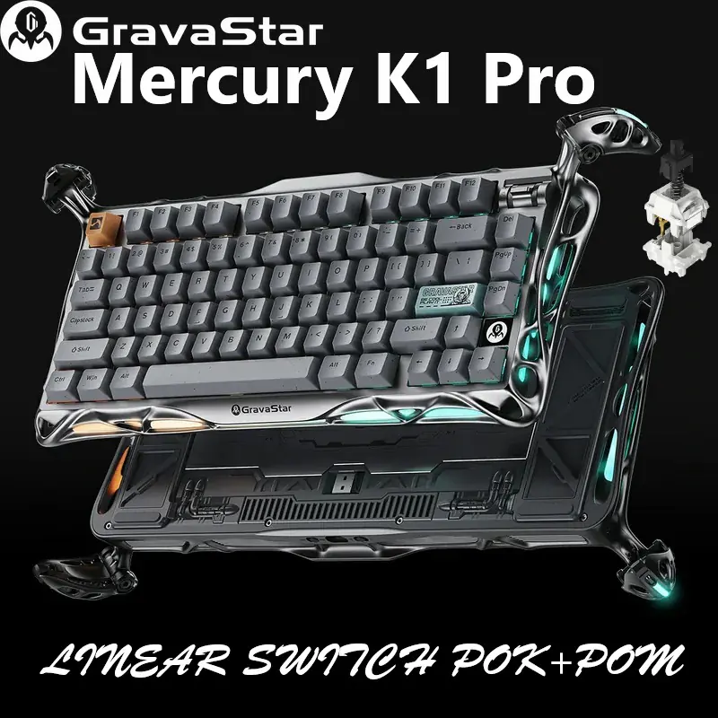 GRAVASTAR-K1PRO-KBS GravaStar Mercury K1 Pro Gaming Keyboard GravaStar Mercury K1 Pro Wireless Gaming 75% Keyboard: Minimalist Style with Cement Gray Textured Keycaps, Aluminum Alloy, 75 Mechanical Keyboard, 79 Keys + KNOB, Durable & Stylish for Home/Office Use ; LINEAR SWITCH POK+POM | Concrete Gray