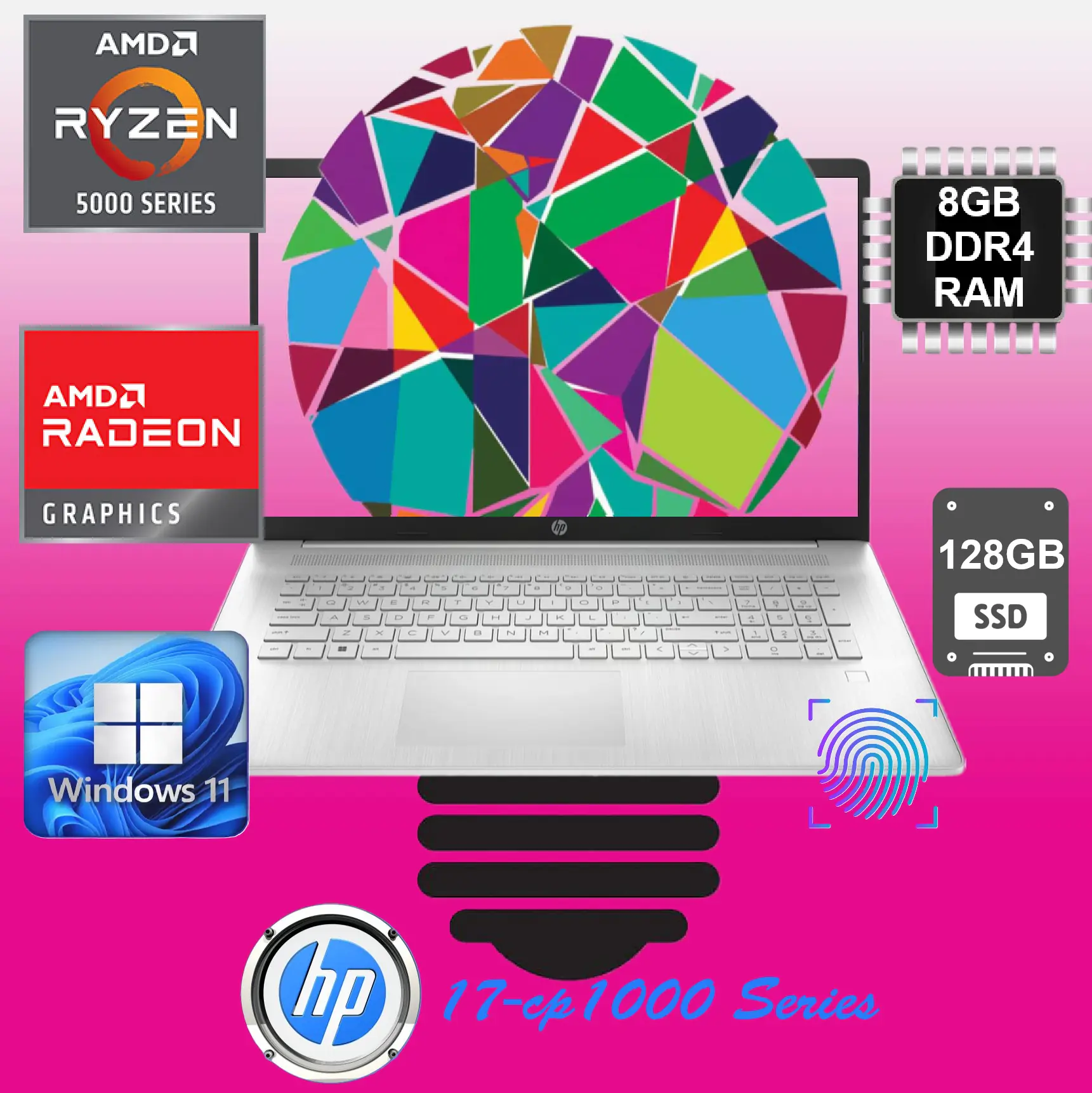 7D0M3U8R#ABA HP Laptop Ryzen 5 5625U 17 inch Display 8GB HP 17-cp1000 Series AMD Ryzen™ 5-5625U | 8GB DDR4 RAM ; 128GB NVMe™ SSD | AMD Radeon™ Graphics | 17.3 inch HD LED Display | Windows 11 | Fingerprint Reader | Natural Silver ~ NEW FACTORY REFURB