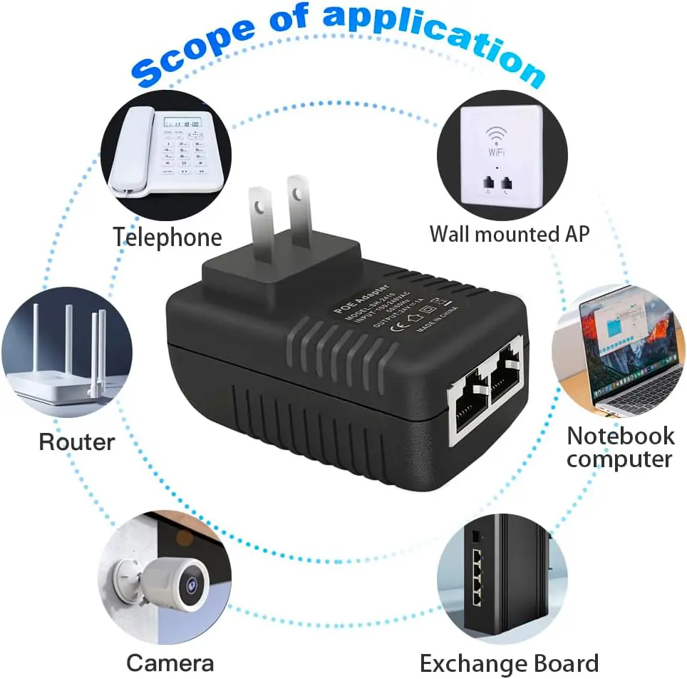 AD-24-1AM-POE Injector 24V 1A 24W with Wall Plug Injector 24V 1A 24W with Wall Plug IEEE 802.3af Compliant 10/100Mbps, 2 Ports Passive Power Up to 100 Meters  Over Ethernet Power Supply for IP Cameras Mobile WLAN AP