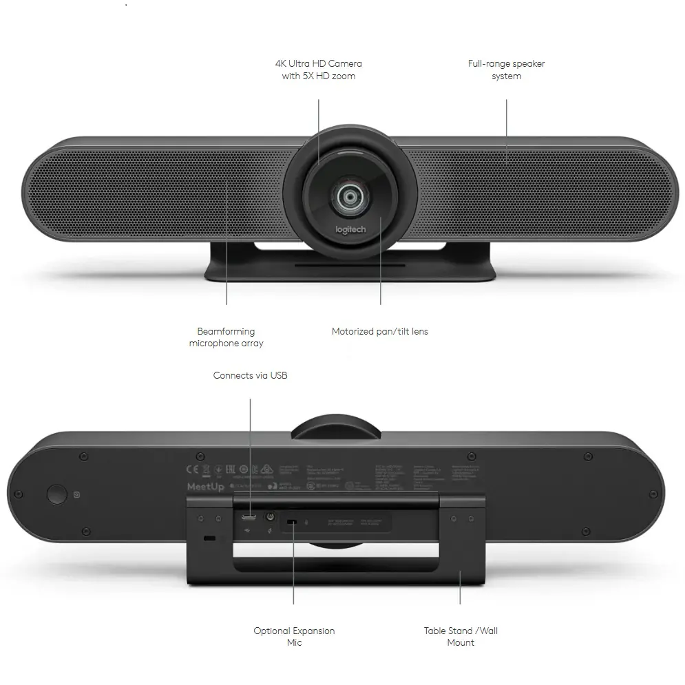 960-001104 MeetUp Videoconference Ultra HD 4K Camera Logitech MeetUp CC4000E Mobile Office Videoconferencing Ultra HD 4K Camera ,Large Meeting Room Equipment, Bluetooth Wireless, 5x HD zoom , 1080p 30fps, webcam, Tilt, and Zoom, IR Remote Control or Control via Console | Black