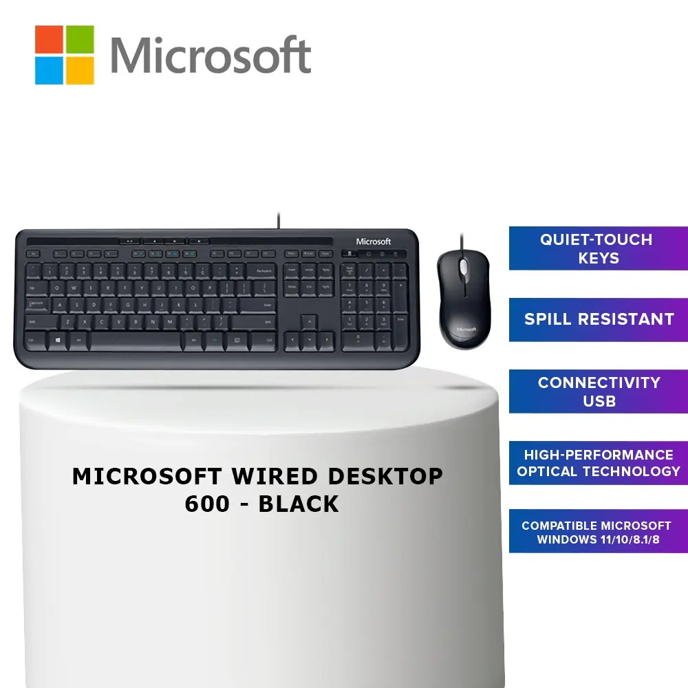 1576-1113 Microsoft Keyboard and Mouse Desktop 600 Microsoft Wired Desktop 600 Business USB Port Arabic Keyboard+Mouse Calculator hot key Spill resistant Media center Quiet-touch keys Black | 3J2-00009